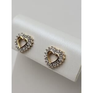 925 Sterling Silver Gold-Tone Heart Earrings Studs w Authentic Diamonds